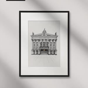 K&ouml;nnte beinhalten: Eine schwarz-wei&szlig;e Tuschezeichnung des Palladium-Theaters, gerahmt in einem d&uuml;nnen schwarzen Rahmen. Die architektonische Illustration zeigt detaillierte S&auml;ulen, Statuen auf dem Dach und das Wort PALLADIUM auf der Geb&auml;udefassade.
