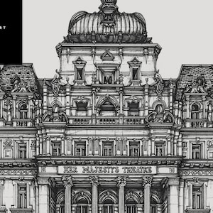 May include: A black and white pen and ink drawing of Her Majesty's Theatre in London, England. The drawing depicts the ornate facade of the theatre, including the entrance, windows, and roofline.