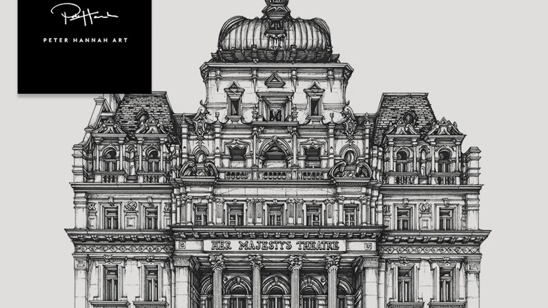 May include: A black and white pen and ink drawing of Her Majesty's Theatre in London, England. The drawing depicts the ornate facade of the theatre, including the entrance, windows, and roofline.