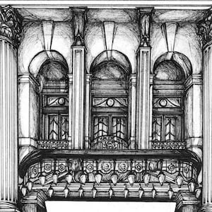 K&ouml;nnte beinhalten: Eine schwarz-wei&szlig;e Tuschezeichnung der Fassade des Palladium-Theaters. Die architektonische Illustration zeigt hohe S&auml;ulen, drei Bogenfenster mit dekorativen Gel&auml;ndern, einen Balkon mit h&auml;ngenden Lichtern und ein gro&szlig;es, leeres Markisenschild.