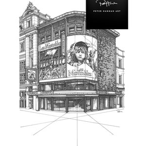 May include: A black and white line drawing of a building with a large sign that reads "Les Miserables". The sign is on the side of the building and features a young person's face. The building is a theater.
