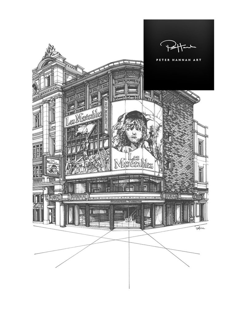 May include: A black and white line drawing of a building with a large sign that reads "Les Miserables". The sign is on the side of the building and features a young person's face. The building is a theater.