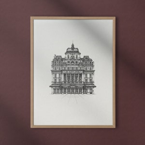 May include: A black and white line drawing of a theatre building with a large dome on top. The building has many windows and a large entrance with columns.