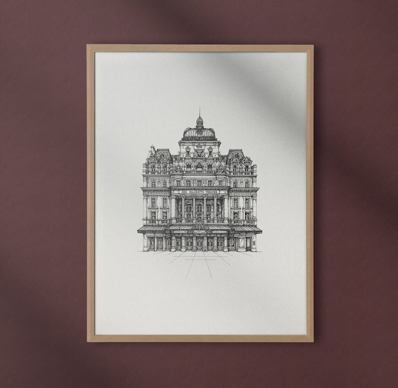 May include: A black and white line drawing of a theatre building with a large dome on top. The building has many windows and a large entrance with columns.