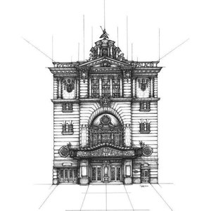 Puede incluir: Un dibujo en blanco y negro de l&iacute;neas del Hamilton Palace Theatre en Londres, Inglaterra. El edificio tiene una gran entrada arqueada con la palabra "Hamilton" encima. El edificio est&aacute; decorado con detalles ornamentados, incluyendo columnas, arcos y una gran c&uacute;pula.