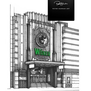 Puede incluir: Un dibujo en blanco y negro a pluma y tinta del Teatro Apollo Victoria en Londres, Inglaterra. El teatro est&aacute; adornado con un gran letrero que dice "Wicked" en letras verdes. El dibujo est&aacute; firmado por Peter Hannah Art.