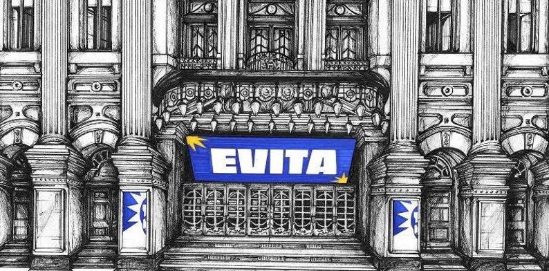 K&ouml;nnte beinhalten: Eine schwarz-wei&szlig;e Tuschezeichnung einer prachtvollen Theaterfassade mit klassischen S&auml;ulen und verzierten architektonischen Details. Ein blaues rechteckiges Schild mit dem wei&szlig;en Text EVITA und gelben Sternen ist &uuml;ber dem Eingang platziert.