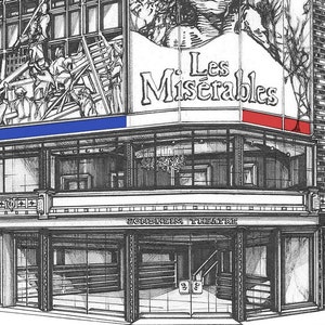 May include: A black and white illustration of a theater building with the words "Les Miserables" in red, white, and blue on the marquee. The building is called "Queens Theatre".