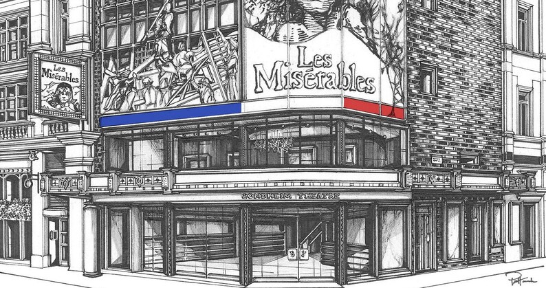May include: A black and white illustration of a theater building with the words "Les Miserables" in red, white, and blue on the marquee. The building is called "Queens Theatre".