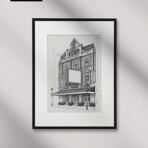 Op de afbeelding: Zwart-wit lijntekening van een gebouwgevel in een zwarte lijst. Het kunstwerk bevat een leeg bord, een luifel en architectonische details. De handtekening en naam van de kunstenaar staan in de linkerbovenhoek.