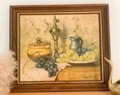 Vintage Still Life Giclee Print Fruit Food Grapes Jug Brass Circa 1960s