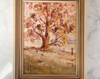 P Stone Small Landscape Oil Painting The Tree #2 Country Gallery Wall Farmhouse Style Vintage Original Framed