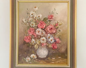 Joan Page Original Pink Floral Oil Painting Roses & Daisies Flowers in a Vase Gold Framed Large Signed by Artist Vintage