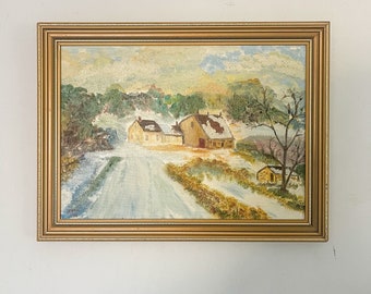P Castritsis Farmhouse in Yorkshire Oil Painting English Country Landscape UK Original Winter Snow Gold  Framed Signed