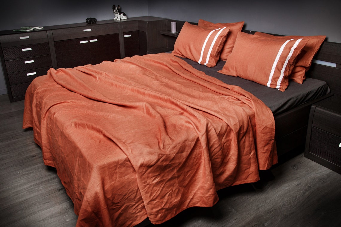 Terracotta and graphite linen bedding set comforter set Etsy