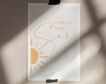 Aquí viene el sol, impresión lírica, los Beatles, regalo, descarga digital, arte imprimible, arte de pared, cita, descarga instantánea, decoración del hogar, amarillo