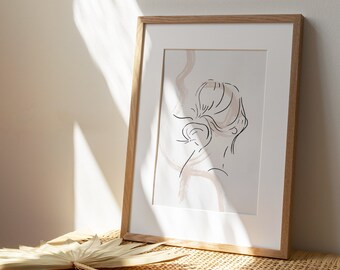 Girl & Bun Digital Print, Abstract Line Woman, Woman Figure, Minimal Contemporary, Digital Download, Black and White