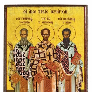 Three Holy Hierarchs, Saints Basil the Great, Gregory the Theologian, John the Chrysostom, Byzantine icon, orthodox icon, handmade icon