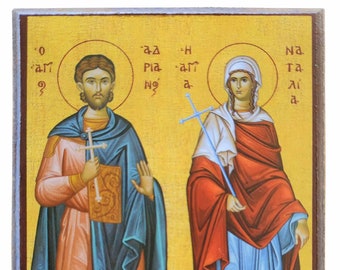 Saints Adrian and Natalia, Martyrs, full body, Byzantine icon, orthodox icon, handmade icon