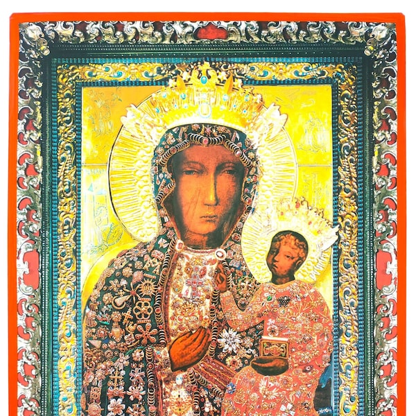 Black Madonna of Częstochowa "Our Lady of Częstochowa" (in a ruby dress-2), Byzantine icon, orthodox icon, handmade icon