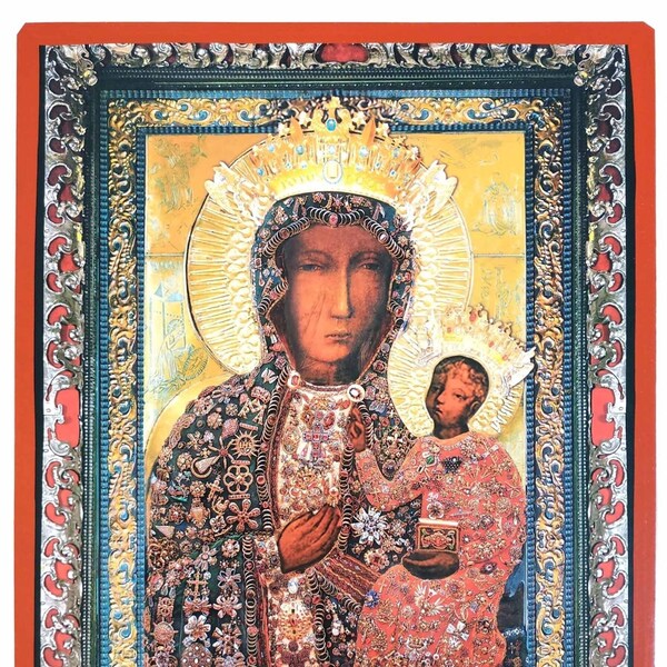 Black Madonna of Częstochowa "Our Lady of Częstochowa" (in a ruby dress-2), Byzantine icon, orthodox icon, handmade icon