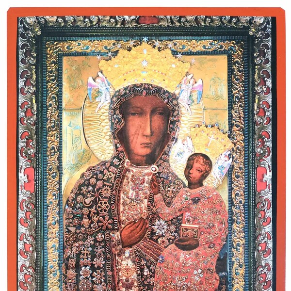 Black Madonna of Częstochowa "Our Lady of Częstochowa" (in a ruby dress-1), Byzantine icon, orthodox icon, handmade icon