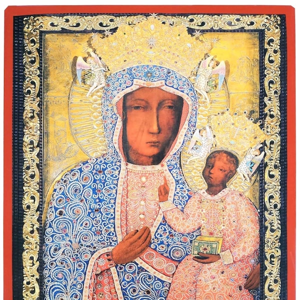 Black Madonna of Częstochowa "Our Lady of Częstochowa" (in a pearl dress), Byzantine icon, orthodox icon, handmade icon