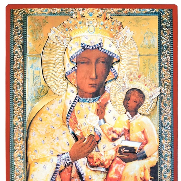 Black Madonna of Częstochowa "Our Lady of Częstochowa" (in an amber dress), Byzantine icon, orthodox icon, handmade icon