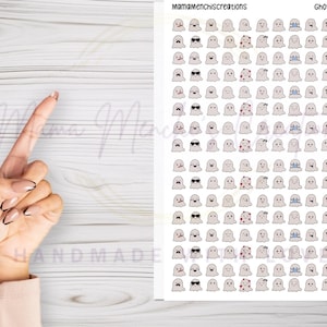 May include: A sheet of stickers featuring various ghost emojis. The ghosts are white with different facial expressions and accessories, such as sunglasses and bow ties. The text "Ghost emoji" is at the top.