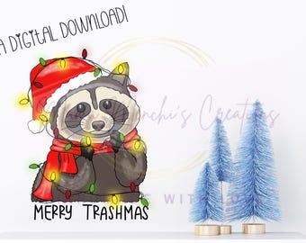 Christmas Raccoon Hand Drawn Sublimation  PNG Digital Download