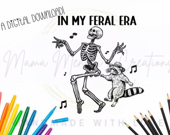 Feral Era Skeleton and Raccoon Hand Drawn Sublimation PNG Digital Download