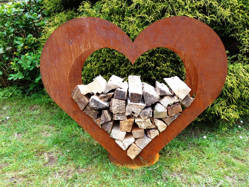 Herz aus Metall Holz Regal Rost Edelrost Holzregal Garten Terrasse Deko SET Bild 4