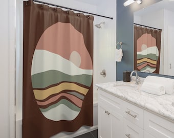 Boho Modern Mid Century Shower Curtain - Abstract Sunset Bathroom Decor