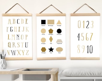 Alphabet Canvas Poster Gift for Kid, Numbers and Shapes Prints Wall Hanging Playroom Decor, Set Banners Educational, Neutral Toddler Art