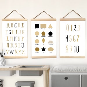 Alphabet Canvas Poster Gift for Kid, Numbers and Shapes Prints Wall Hanging Playroom Decor, Set Banners Educational, Neutral Toddler Art