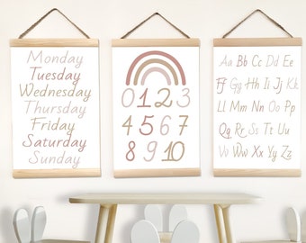 Educational Prints, Alphabet Hanging Canvas Toddler Room, Numbers Poster for Playroom & Classroom, Gifts for Kids, Days of Week Wall Decor