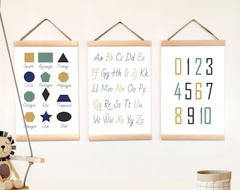 Alphabet Numbers and Shapes Canvas Prints Wall Hanging, Set of 3 Banners, Educational Poster Neutral Gifts, Decor Framed Art Kids Playroom