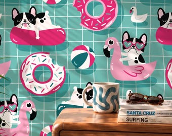 DIY Frenchie dog peel and stick wallpaper, self adhesive funky pattern decor, living room and bathroom covering