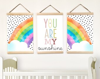 You are my Sunshine Decor Above Crib, Watercolor Rainbow Canvas Wall Art, Canvas Set of 3 for Girl Bedroom, Nursery, Playroom Canvas Print