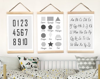 Black and White Canvas Art Decor Kids Room, Alphabet Numbers and Shapes Wall Hanging Prints Nursery, Set of 3 Educational Posters Toddler