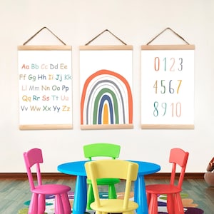 Alphabet Canvas Poster Gift for Kids, Numbers and Rainbow Prints Wall Hanging Playroom Décor, Set Banners Educational Neutral Toddler
