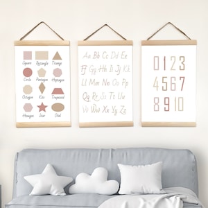 Neutral Alphabet Canvas Wall Decor for Toddler Room, Boho Set of 3 Prints Nursery, Pastel Numbers Poster Kids, Educational Girl Boy Gift