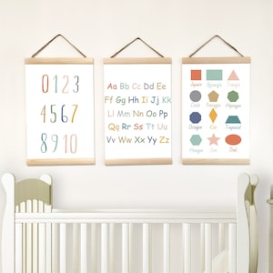 Alphabet Leinwand Poster Geschenk für Kinder & Lehrer, Zahlen und Formen Drucke Wandbehang Spielzimmer Dekor, Banner Set Neutral, Eco