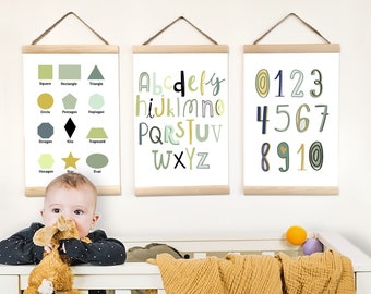 Alphabet Poster Canvas Art Decor Kids Playroom, Set of 3 Prints Wall Hanging Nursery, Toddler Girl Boy Gift, Educational Numbers & Shapes