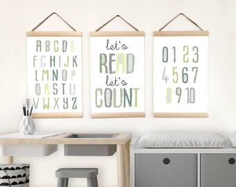 Alphabet Canvas Decor  Toddler Room, Green and Blue Posters Wall Hanging for Kids Gift, Educational Printables Set 3 Prints Canvas Playroom