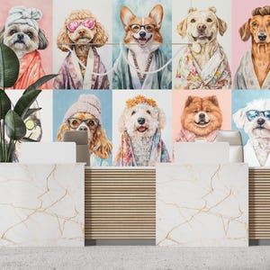 Funky dog grooming salon wall mural, removable self adhesive pet portraits wallpaper, hotel or shop, veterinary clinic peel stick decor