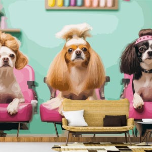 Self-adhesive funky dog portraits wall mural, grooming salon pet breeds removable wallpaper, hotel or shop, vet clinic peel stick decor