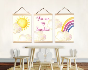 Watercolor Sun and Rainbow Wall Decor Girl Bedroom, You are my Sunshine Decor Above Crib, Canvas Wall Hanging Print Set of 3 for Nursery