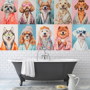 Funky dog wallpaper for bathroom, removable self adhesive pet mural for grooming salon, hotel or shop, veterinary clinic peel stick decor