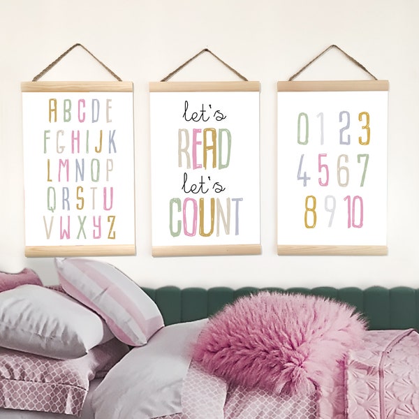 Alphabet Canvas Décor for Girls Room, Set of 3 Prints Wall Hanging, Pastel Alphabet and Numbers Posters for Kids Classroom & Playroom